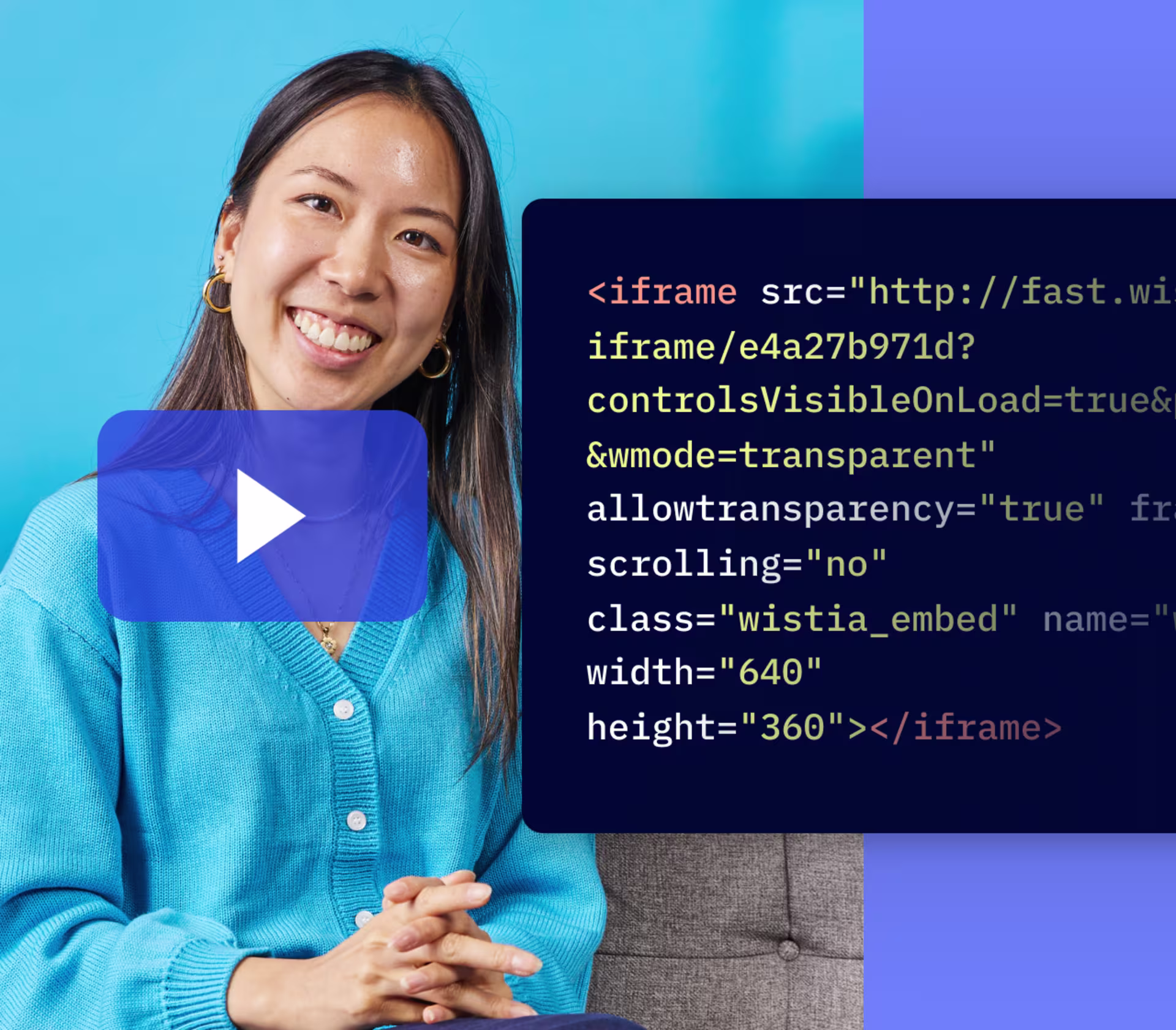 Programming language on an image of a smiling woman