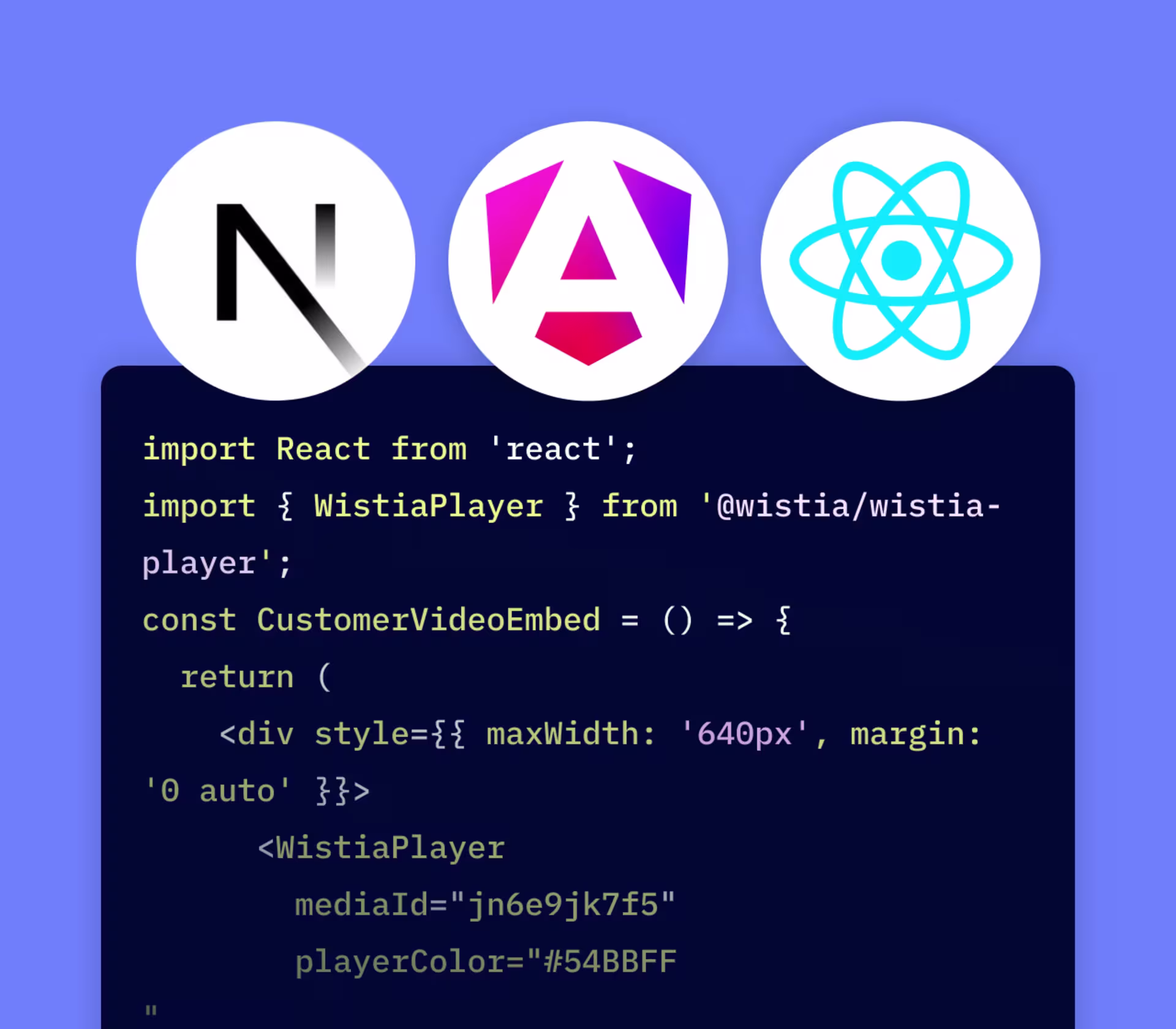 React, Next.js, and Angular logos sitting atop a bed of computer code