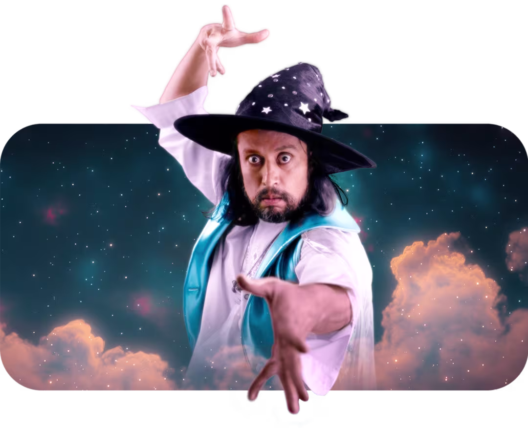 A wizard popping out of a spacey and cloudy background